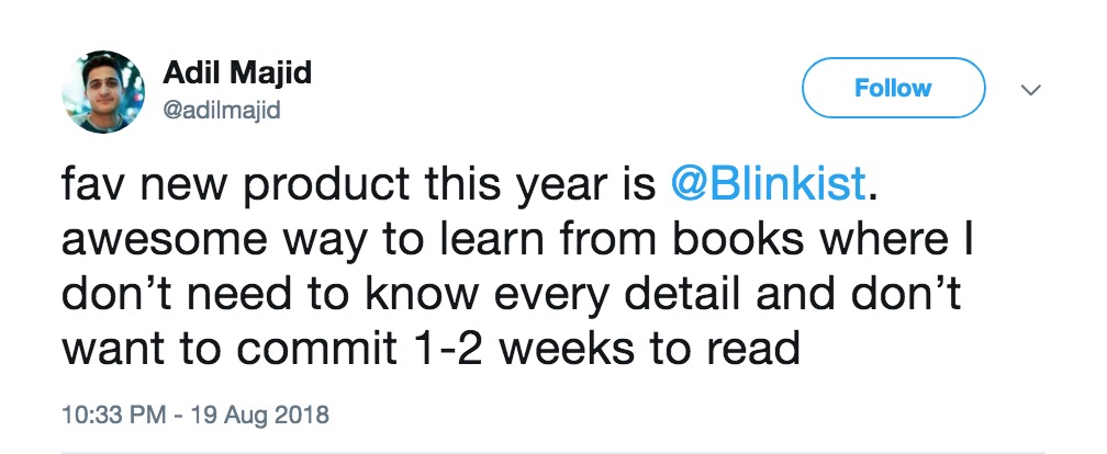 twitter comment about summarizing books with blinkist